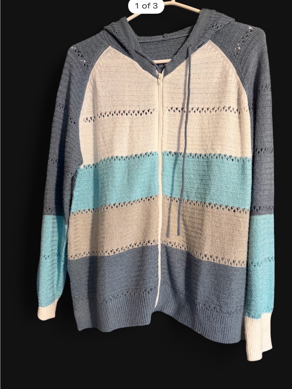 Striped Hooded Zip Front Sweater - Blue, Cream, Light Blue